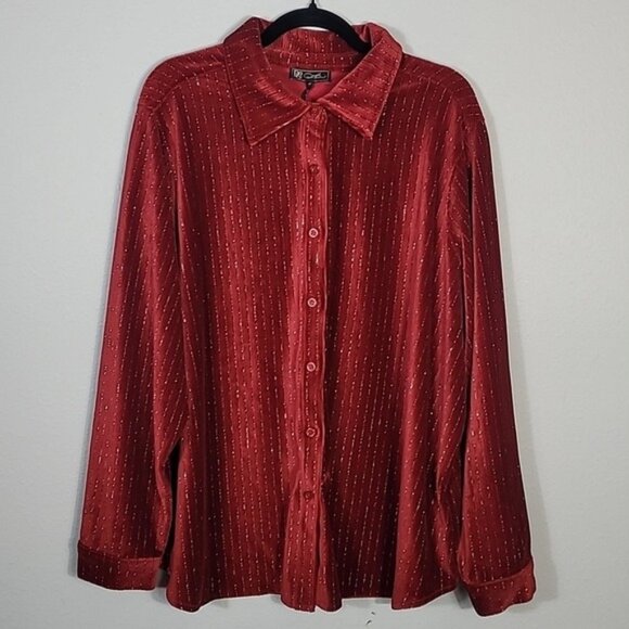 NWT DG2 Velvet Button Up Shirt 2X Red Silver Thread Holiday Glam Long Sleeve - Picture 1 of 14